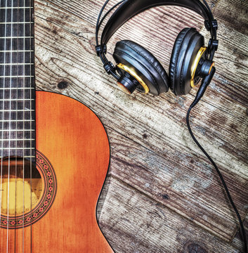 classic guitar and headphones in hdr