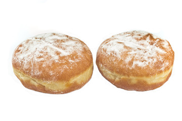 Two berliner donuts powdered with sugar isolated on white
