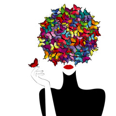 Stylized woman wiith colored butterflies on her head - 79096929