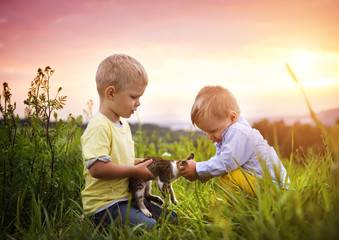 Little boys having fun on a meadow