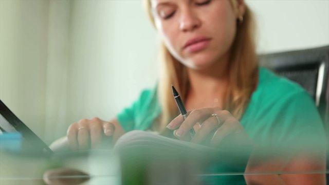 Young Woman Female Student Studying With Tablet PC