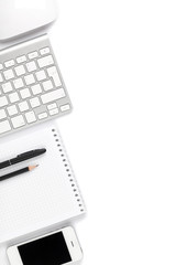 Office desk table with computer and supplies