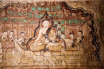 Ancient temple mural painting inside in Bagan, Myanmar © Maygutyak