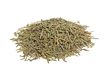 Heap of dried rosemary on a white background
