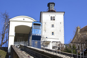 Naklejka premium Historic funicular and Kula Lotrscak in Zagreb is one of many tourist attractions in Zagreb, Croatia