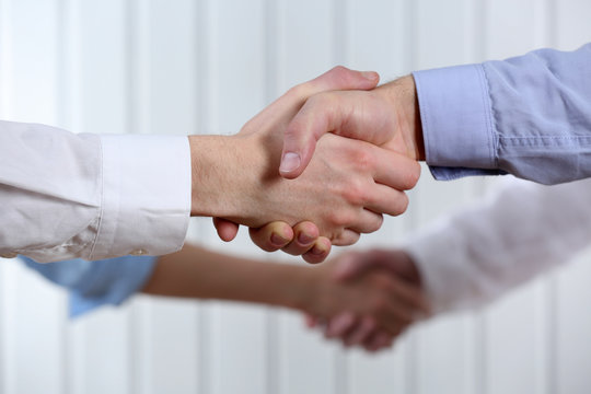 Business handshake on light background