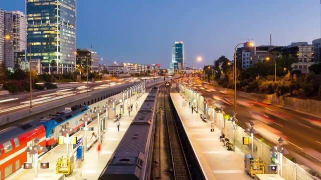 Time Lapse Of Traffic in Ayalon Freeway and Railway Station