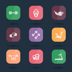 Gym, white flat icons on rounded squares, vector illustration