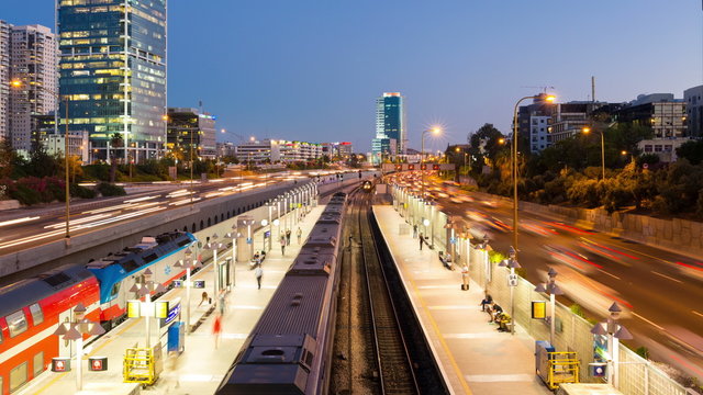 Time Lapse Of Traffic in Ayalon Freeway and Railway Station