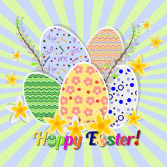 Greeting card for Easter with painted eggs and daffodils