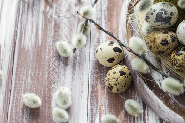 Easter background quail eggs catkins wooden table