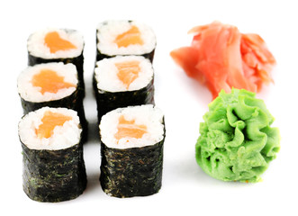 Sushi rolls with salmon isolated on white