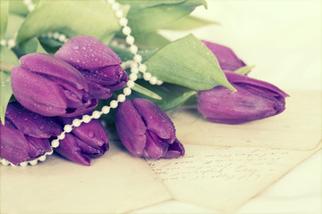 Old love letters and purple tulips