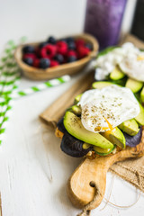 Healthy sandwich with avocado and poached eggs