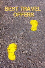 Yellow footsteps on sidewalk towards Best Travel Offers message
