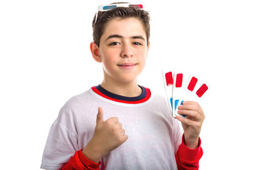 Boy wears 3D glasses and makes success sign showing four ones