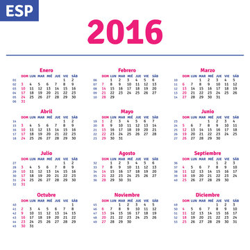 Spanish calendar 2016, horizontal calendar grid, vector
