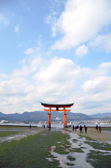 Torii during low tide near Itsukushima shrine, Hiroshima