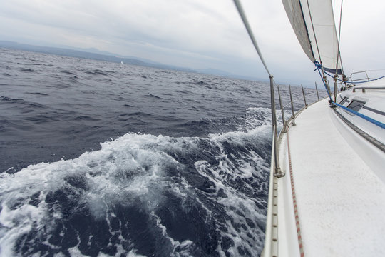 Sailing in stormy weather in the Mediterranean Sea.