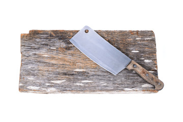 Chopping block and cleaver isolated on white background