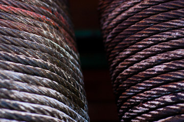 Two spools of steel rope on a ship