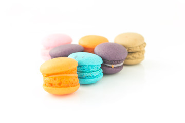 Colorful Macaroons isolated on white background- selective focus