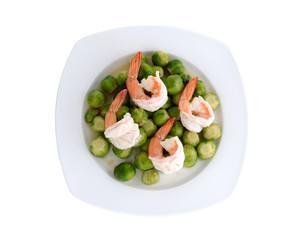 stired brussel sprout with shrimps on plate with white backgroun