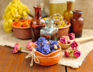Fototapeta na wymiar Healing herbs and tinctures in bottles on sackcloth