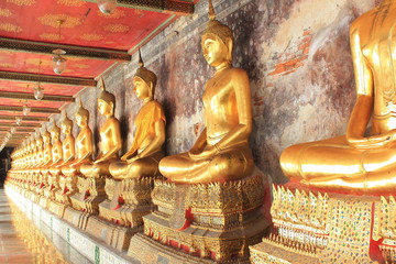meditation buddha statues in buddhist temple at bangkok,