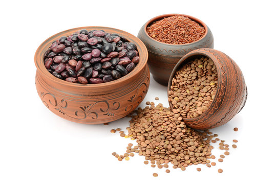 Beans, Rice And Lentils Isolated On White Background