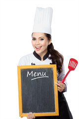 young  woman Chef with blackboard menu