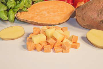 Sweet potato and potato dice