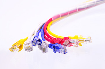 multiple color network cable on white background