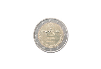 Commemorative 2 euro coin of Belgium minted in 2008 over white