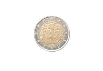 Commemorative 2 euro coin of Belgium minted in 2011 over white