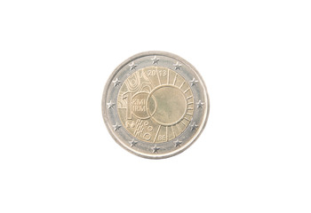 Commemorative 2 euro coin of Belgium minted in 2013 over white