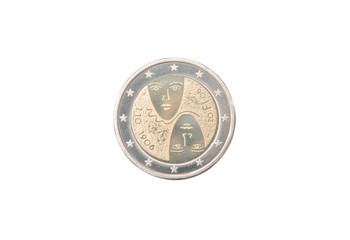 Commemorative 2 euro coin of Finland minted in 2006 over white