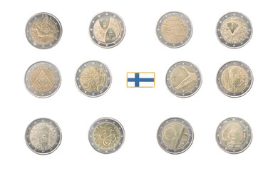Set of Commemorative 2 euro coins of Finland isolated on white