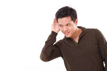 smiling, happy man listening to good news, studio shot white iso