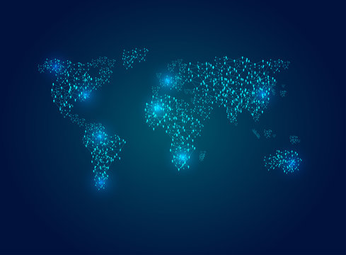 Vector world map illustration with light lines