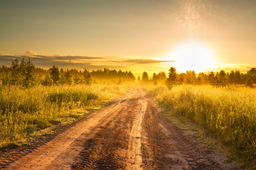 Fototapeta na wymiar summer rural landscape with sunrise and the road