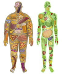 Human, thin, fat. Nutrition, diet, food. Vector illustration