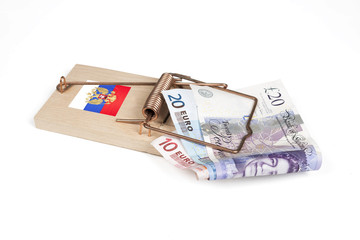 Russian mouse trap with Euro and Pound bills isolated over white