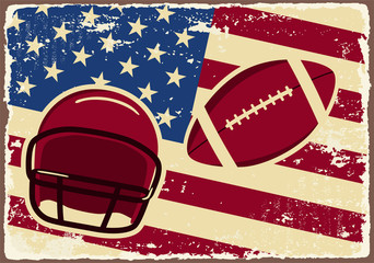 American football label with helmet and flag. Vector