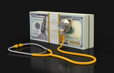 Pile of Dollars and stethoscope (clipping path included)