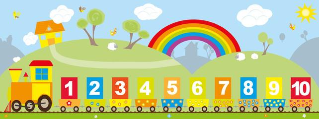 Numbers train on colorful bakcground with the rainbow