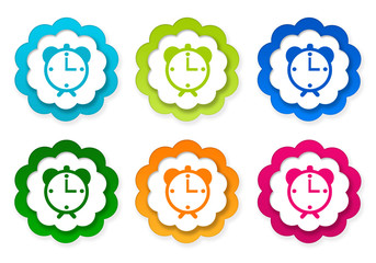 Set of colorful sticker icons with alarm clock symbol