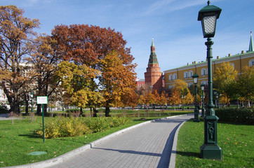 Alexander Garden and Moscow kremlin in autumn day in Moscow