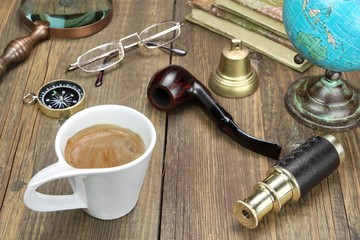 Vintage Travel Items On Wooden Table