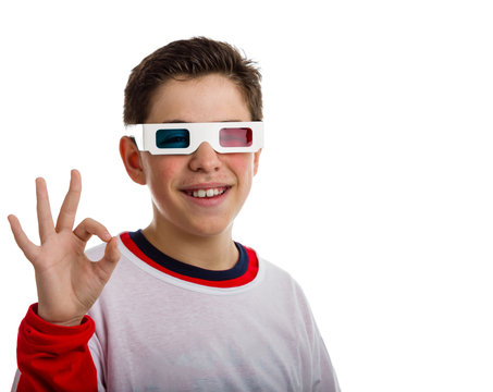 Hispanic boy wears 3D glasses and makes OK sign